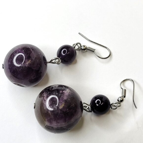 Purple Round Ball Drop Earrings - Picture 1 of 7